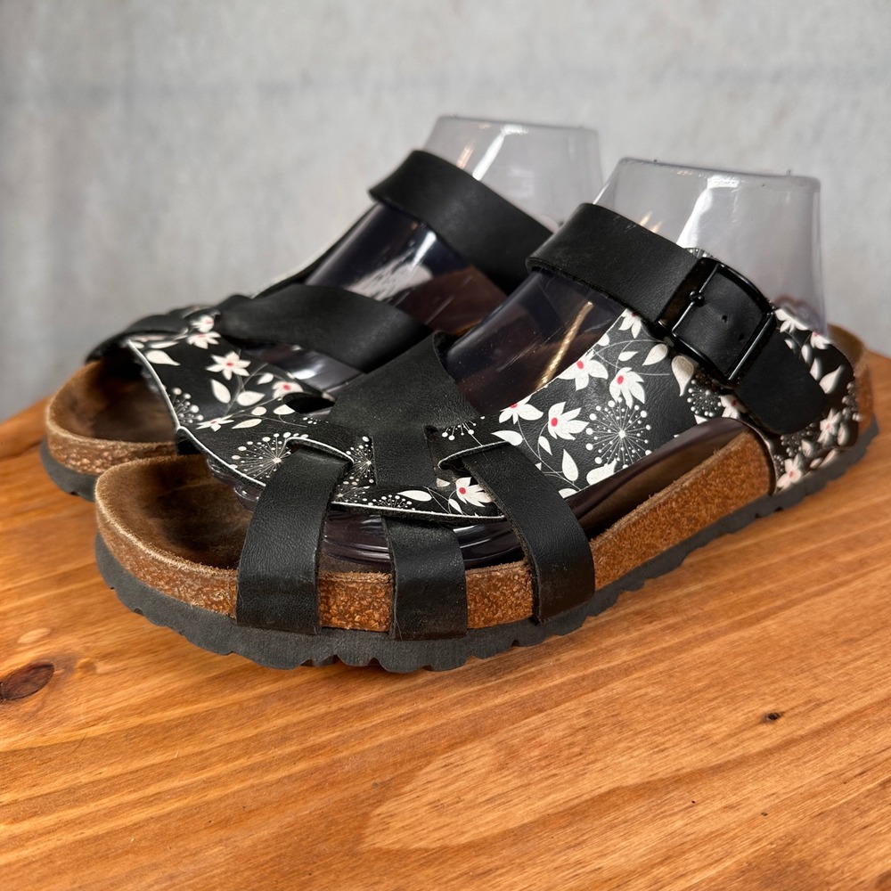 Papillio Birkenstock Sandals Womens 7 Black Floral Good Strappy Cork Slide